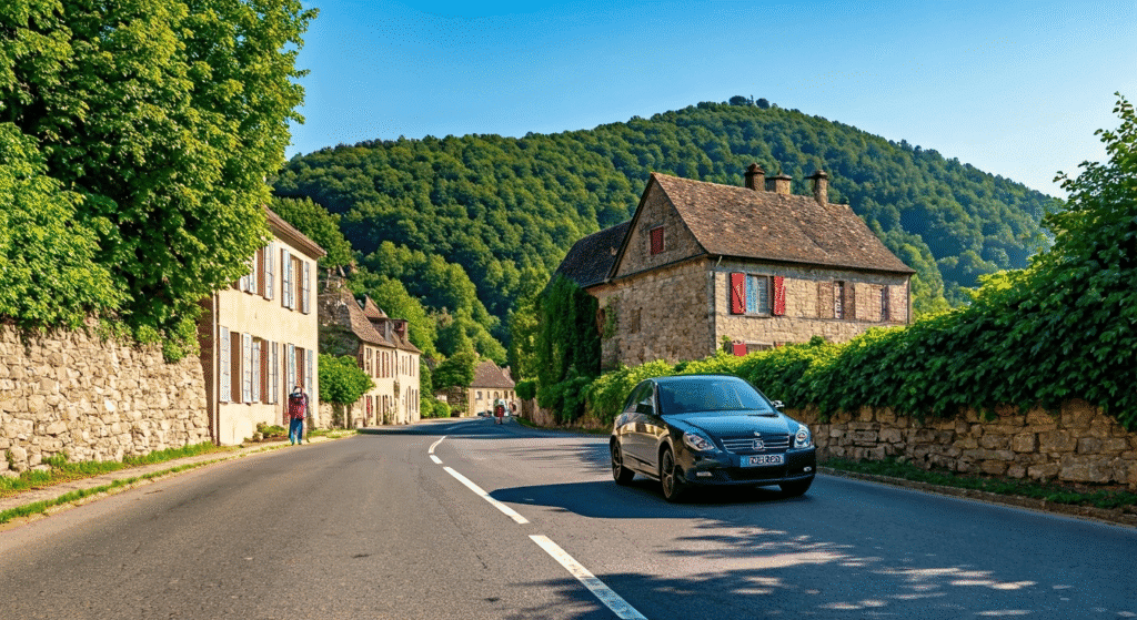 Village pittoresque avec maisons de pierre et voiture