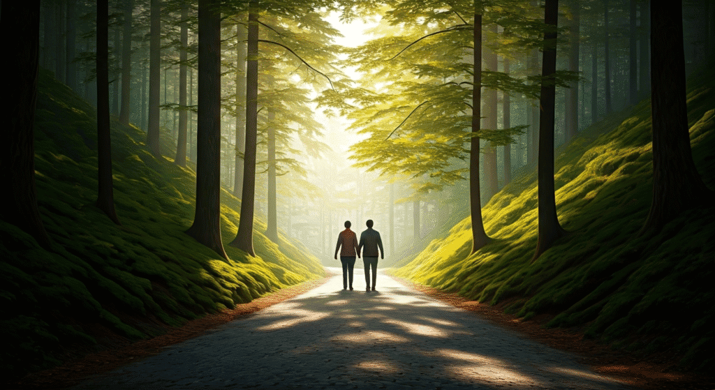 Deux personnes marchant main dans la main en forêt.