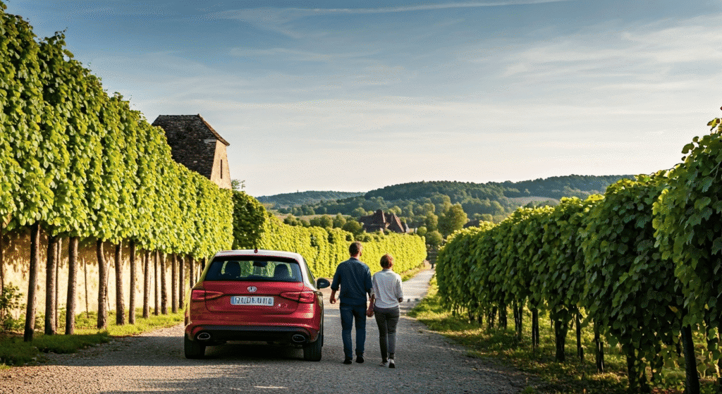 Couple marchant près de la voiture dans le vignoble.