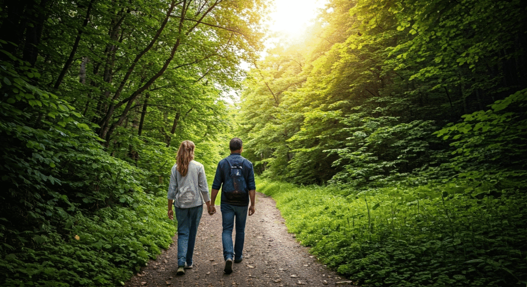 Couple marche main dans la main en forêt