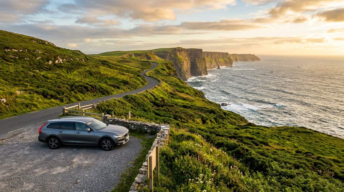 Véhicule débarqué du ferry pour un road trip sur les falaises côtières en Irlande
