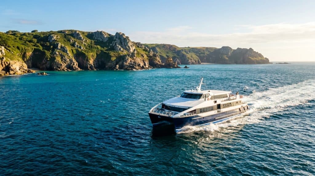 Traversée en ferry rapide vers l'île de Jersey au large des côtes rocheuses normandes
