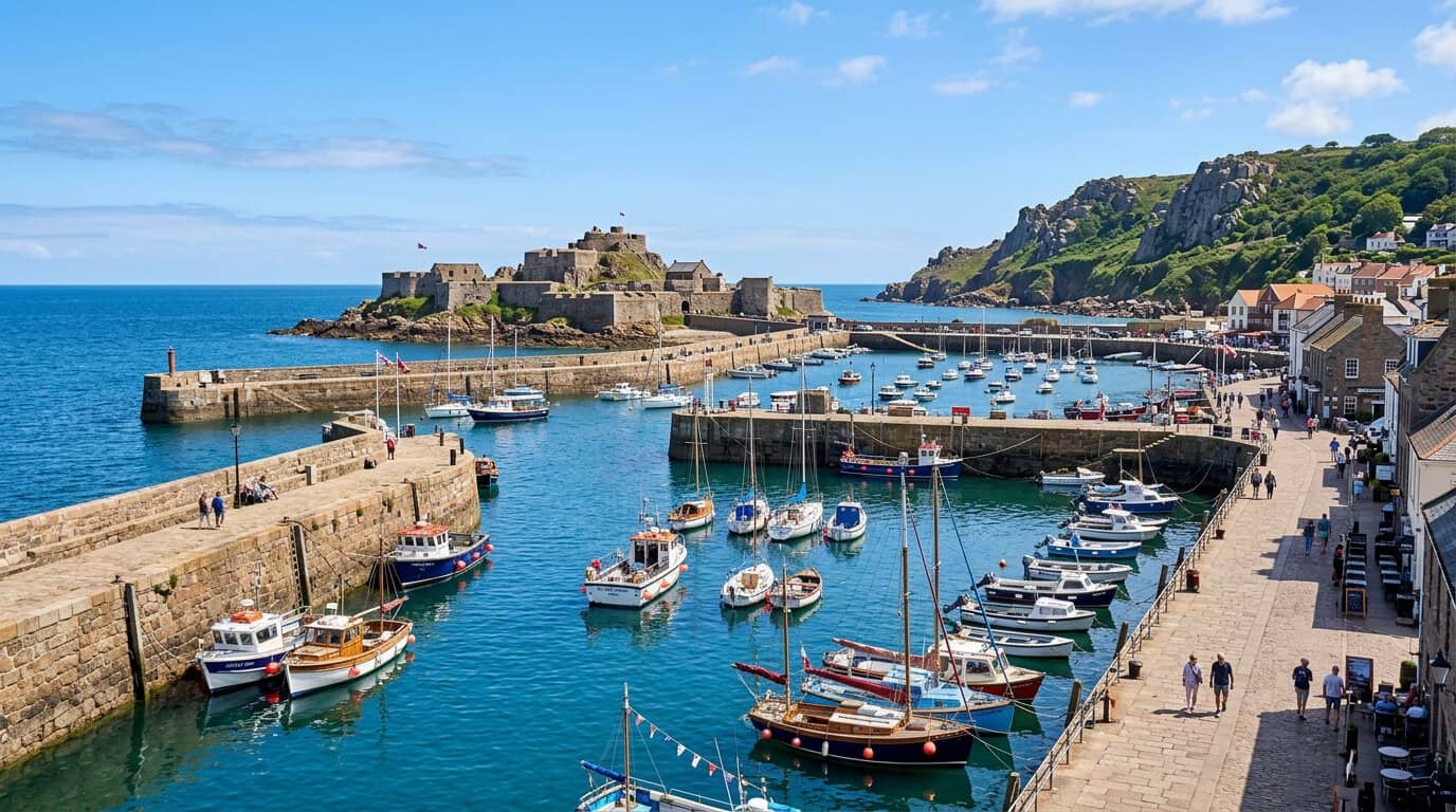 Bateaux et quais en granit du port de Saint-Hélier à Jersey sous un ciel ensoleillé