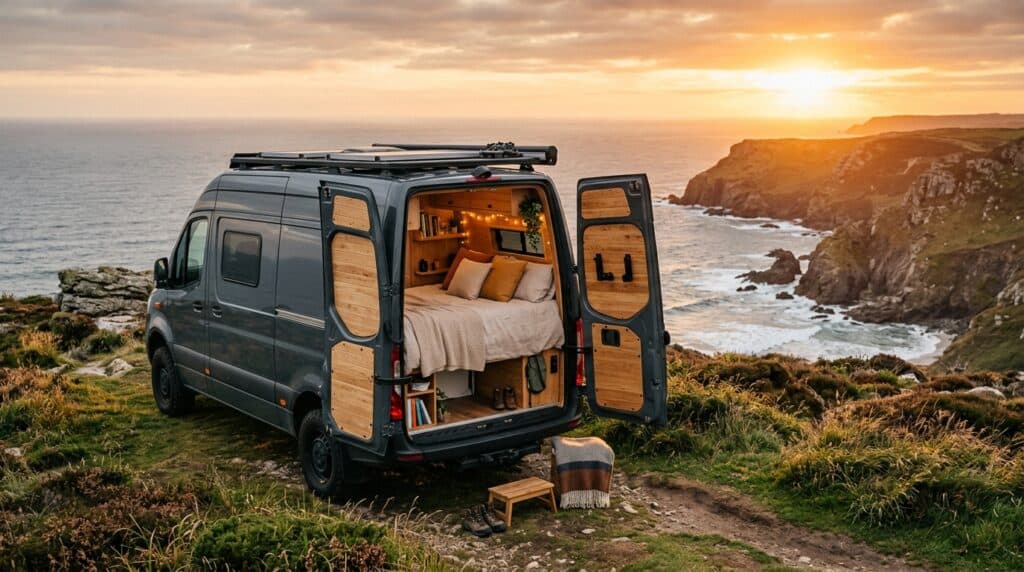 Van aménagé moderne stationné face à la mer au coucher du soleil avec vue panoramique