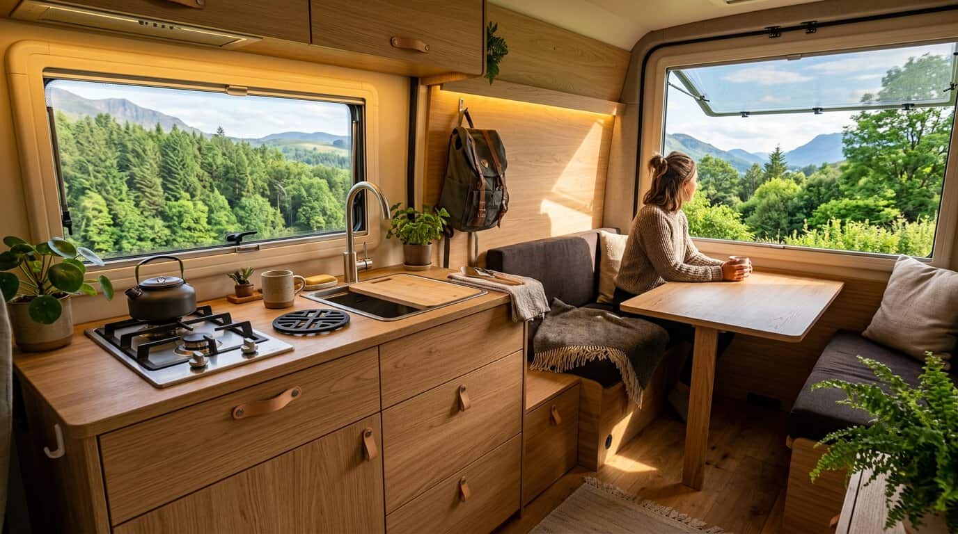 Espace cuisine et banquette repas en bois dans un van aménagé avec vue sur la nature
