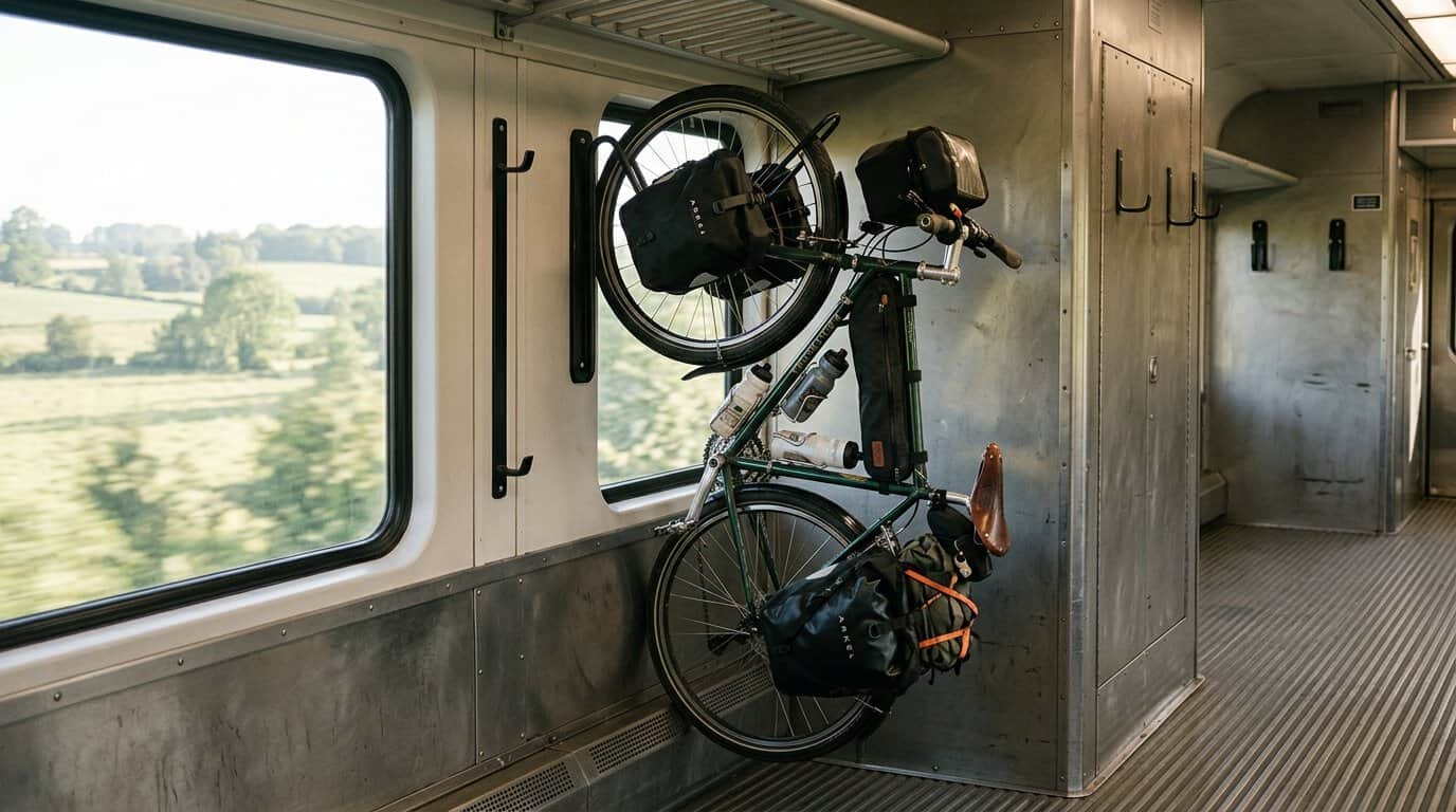Vélo suspendu à un crochet dans l espace vélo d un train