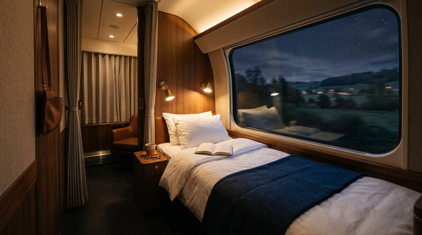 Compartiment moderne de train de nuit avec lit couchette préparé et vue sur le paysage nocturne