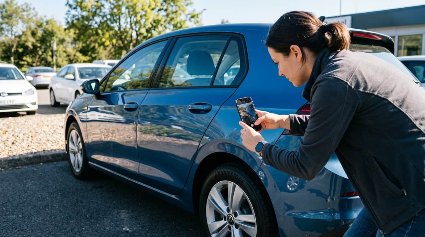 Utilisatrice effectuant l'état des lieux photographique d'une voiture sur smartphone avant le départ