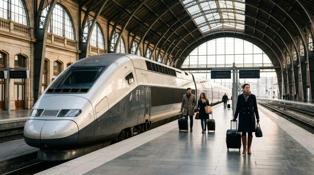 Rame de train à grande vitesse Eurostar stationnée à quai sous la verrière historique d'une grande gare