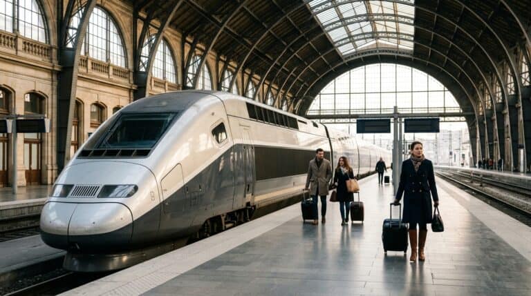 Rame de train à grande vitesse Eurostar stationnée à quai sous la verrière historique d'une grande gare
