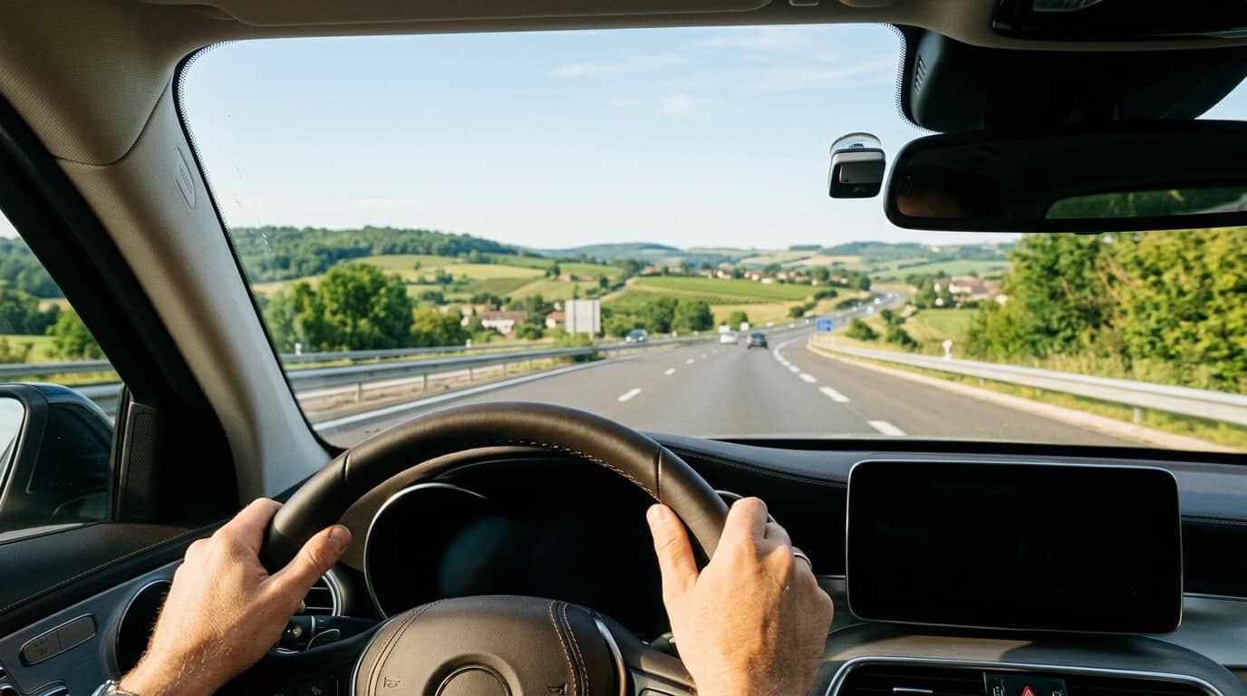 Poste de conduite et pare-brise dégagé sur une autoroute en flux libre avec badge de télépéage