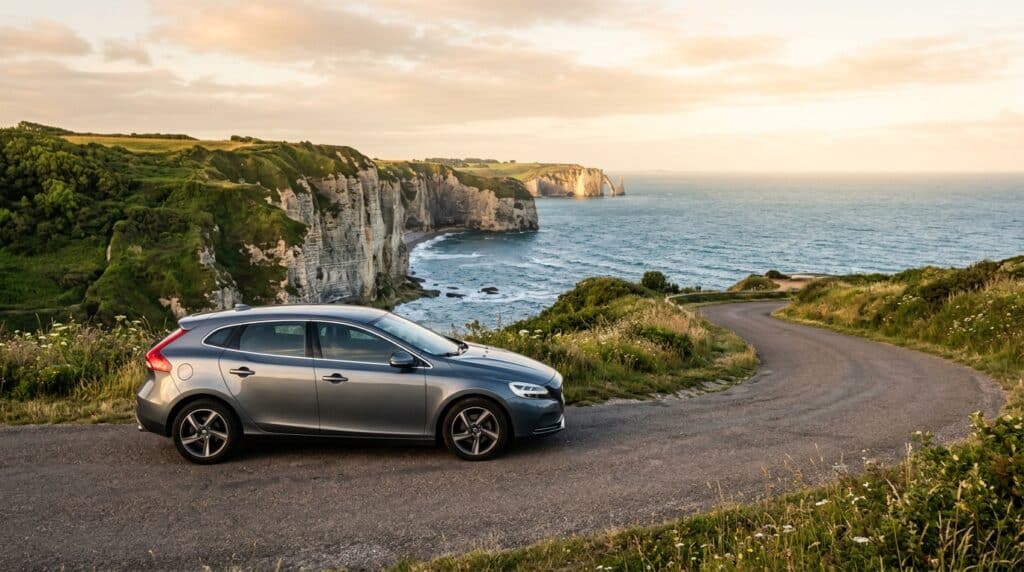 Voiture compacte moderne garée sur une route côtière en Normandie lors d'une location entre particuliers
