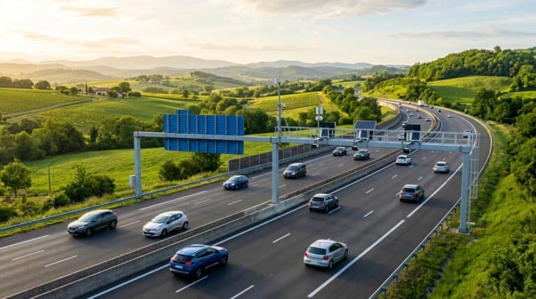 Portiques technologiques de péage en flux libre au-dessus d'une autoroute fluide bordée de collines verdoyantes