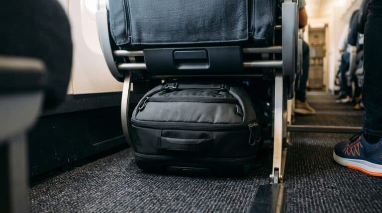 Sac à dos de voyage rangé sous le siège passager d'un avion en cabine