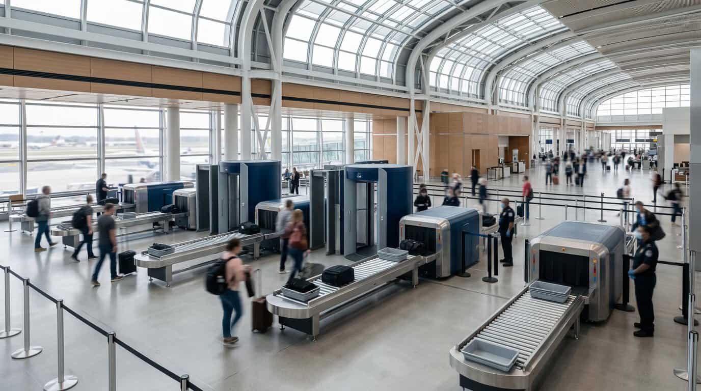 Poste de contrôle de sûreté moderne en aéroport avec scanners de bagages à main sous verrière lumineuse