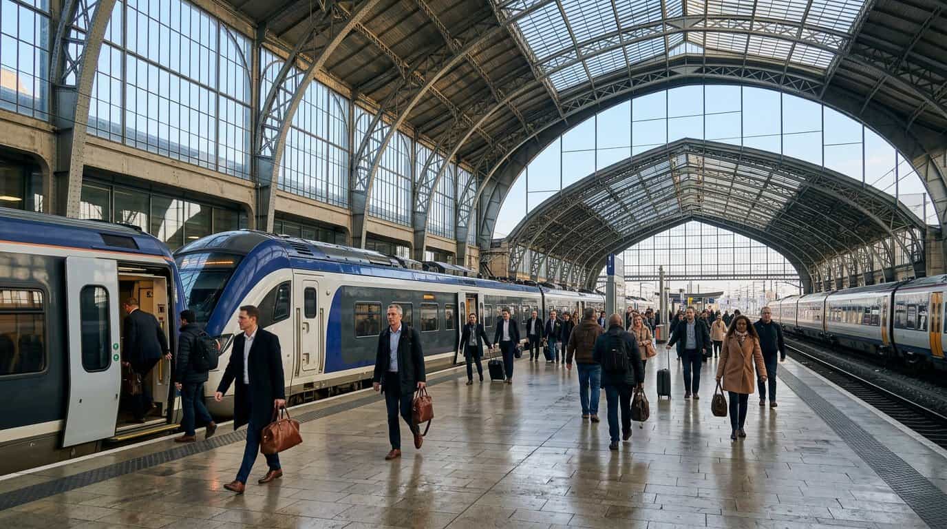 Voyageurs marchant sur le quai d'une grande gare ferroviaire le long d'un train régional