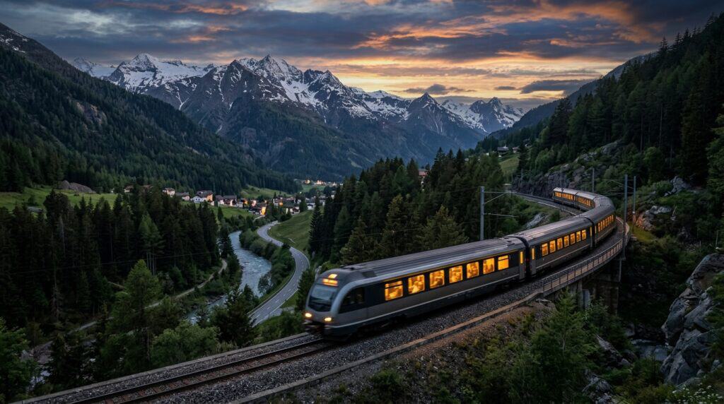 Train de nuit moderne aux fenêtres éclairées traversant une vallée alpine au crépuscule
