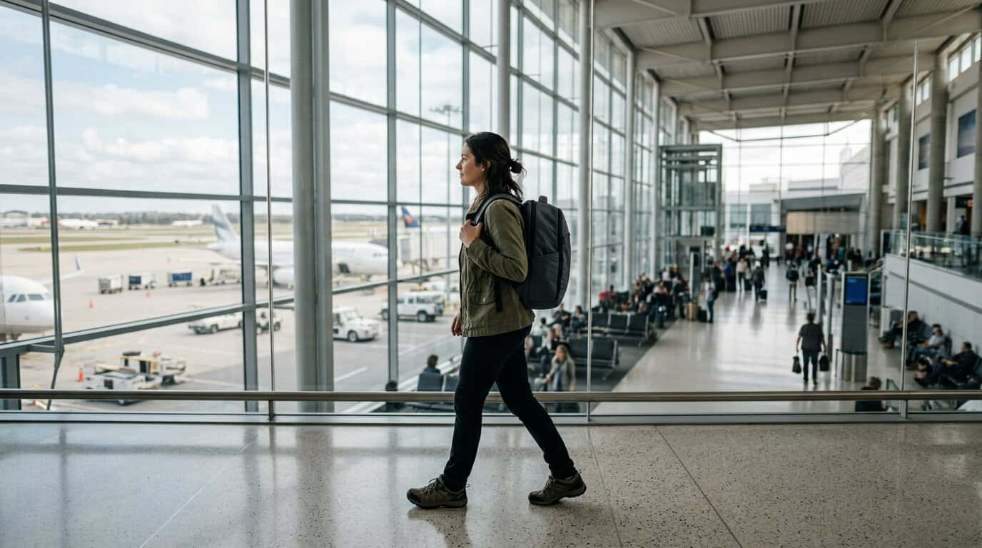 Voyageur avec sac à dos cabine dans le terminal d'un aéroport