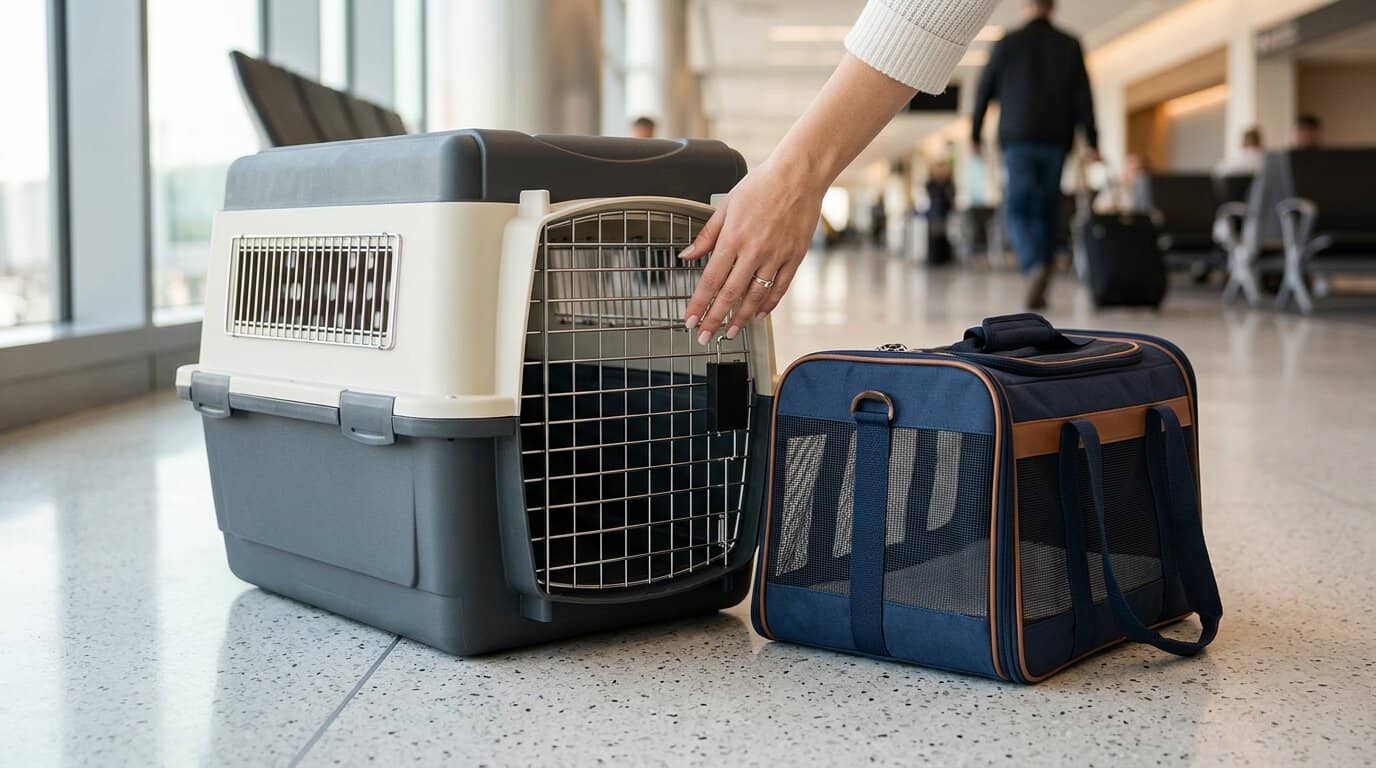 Caisse de transport rigide pour chien conforme aux normes IATA dans un terminal d'aéroport