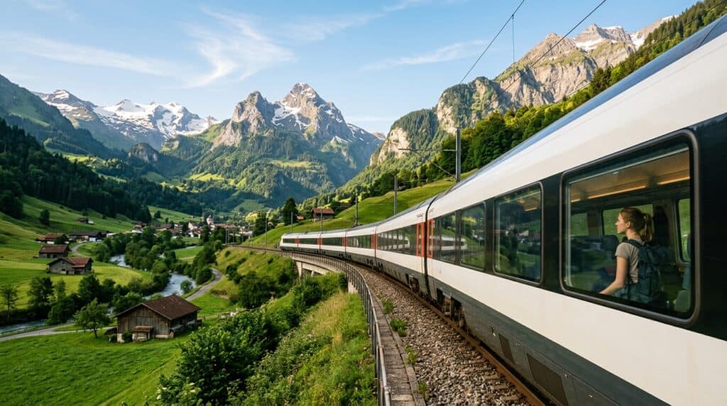 Train de voyageurs moderne circulant à travers une vallée de montagne européenne sous une lumière matinale dorée