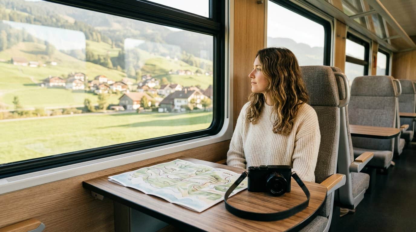 Voyageur assis confortablement dans un train européen moderne consultant sa carte devant un paysage verdoyant