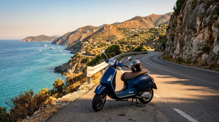 Scooter de tourisme moderne stationné sur une route côtière méditerranéenne vue mer