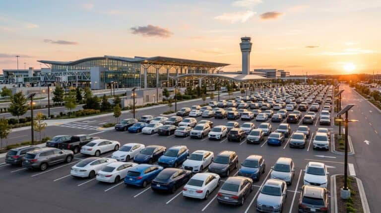 Vue d'ensemble d'un parking de longue durée d'aéroport avec rangées de voitures ordonnées et terminal moderne
