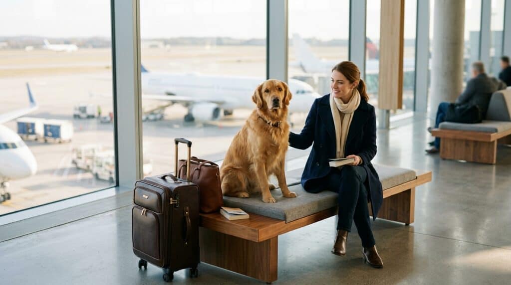Chien de compagnie attentif assis aux côtés de son maître dans un terminal d'aéroport devant les pistes