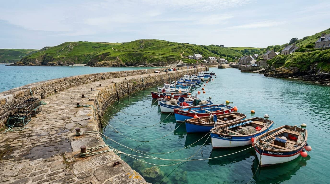 Port Racine dans le Cotentin, le plus petit port de France avec ses amarres caractéristiques