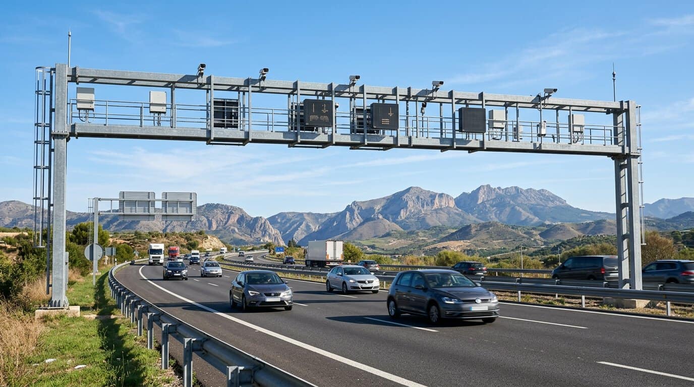 Portique de péage électronique autoroutier sans barrière au Portugal
