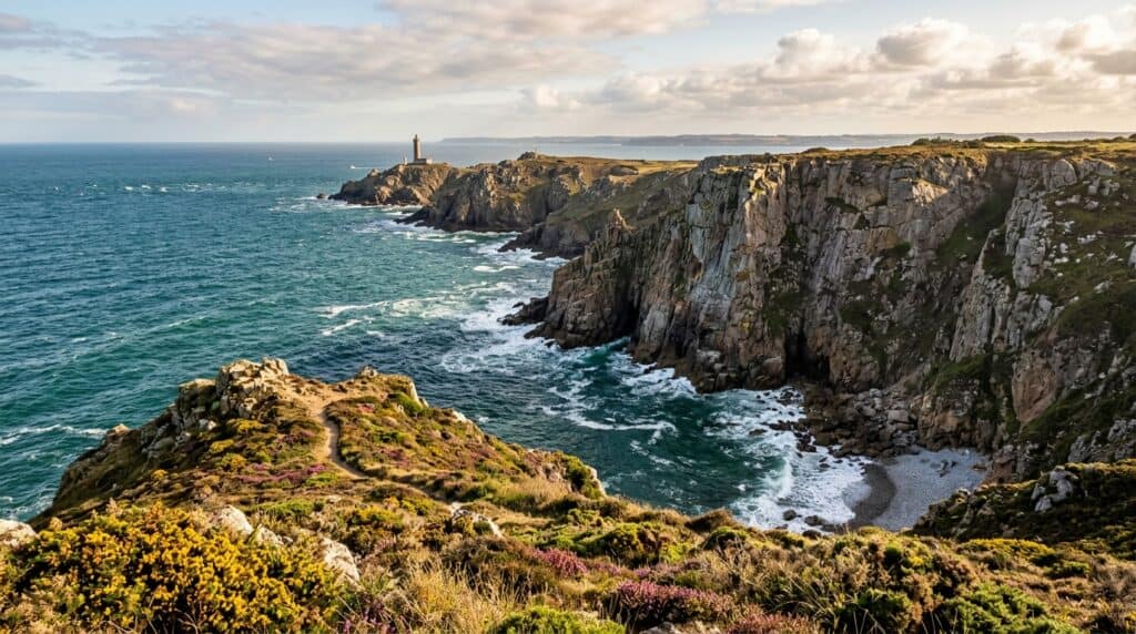 Falaises sauvages du Nez de Jobourg et littoral escarpé du Cotentin sous une lumière d'après-midi