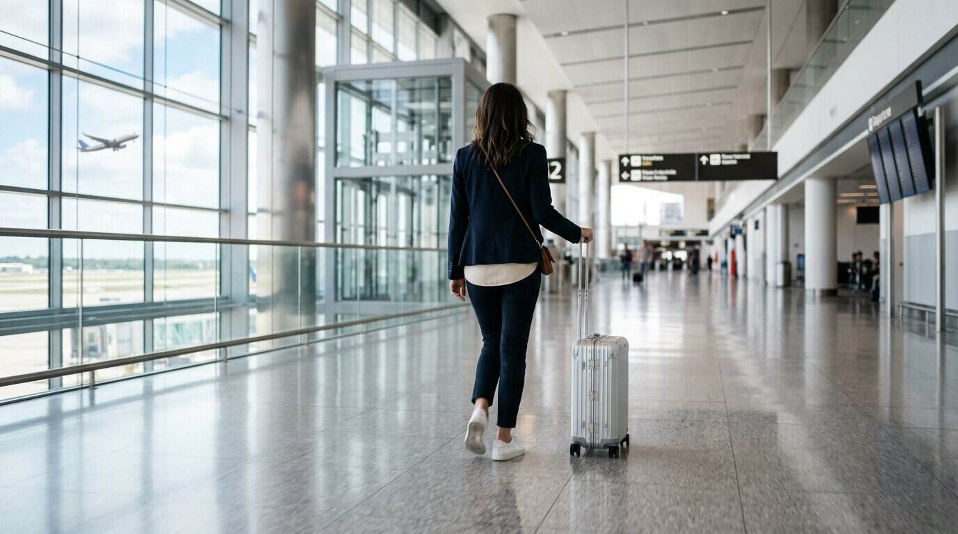 Transit et correspondance fluide d'un voyageur dans un terminal d'aéroport moderne