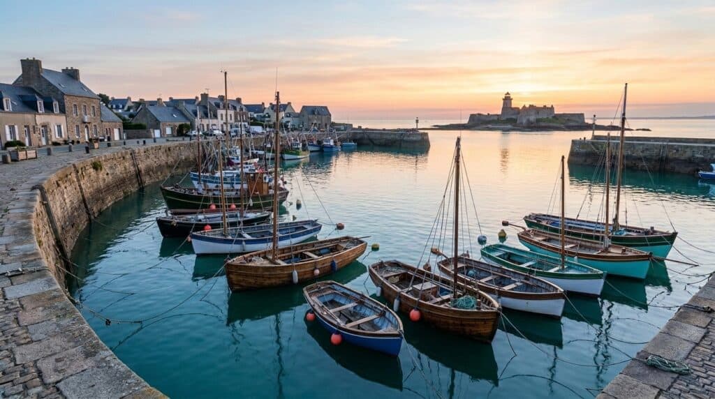 Port de Saint-Vaast-la-Hougue à l'aube avec bateaux de pêche et tour Vauban de Tatihou au large