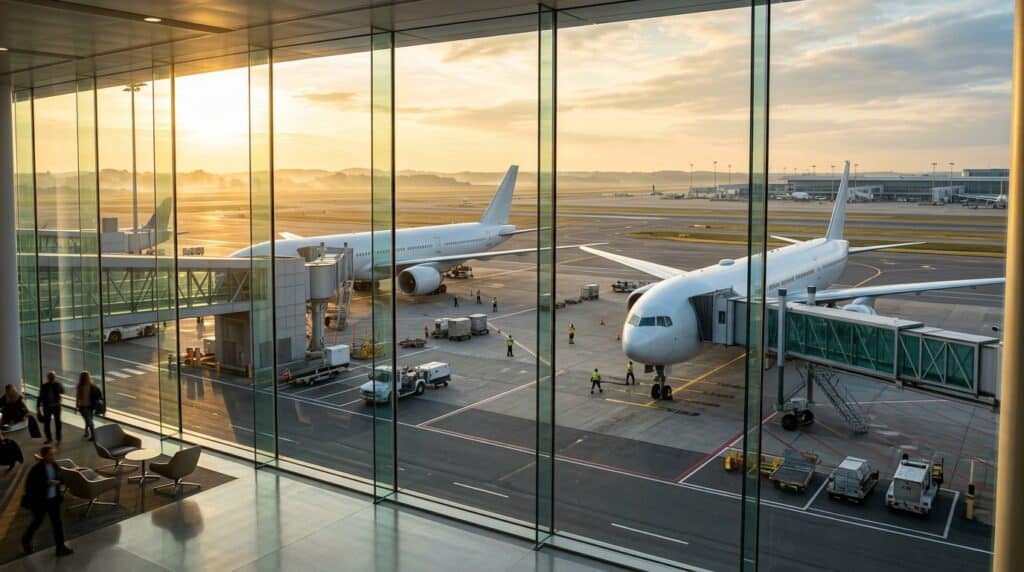 Tarmac d'aéroport international moderne avec deux avions long-courriers au lever du soleil