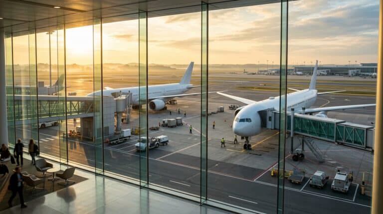 Tarmac d'aéroport international moderne avec deux avions long-courriers au lever du soleil