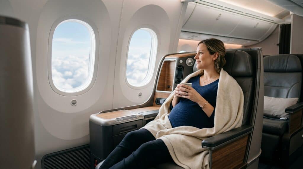 Femme enceinte assise confortablement près du hublot d'un avion en plein vol